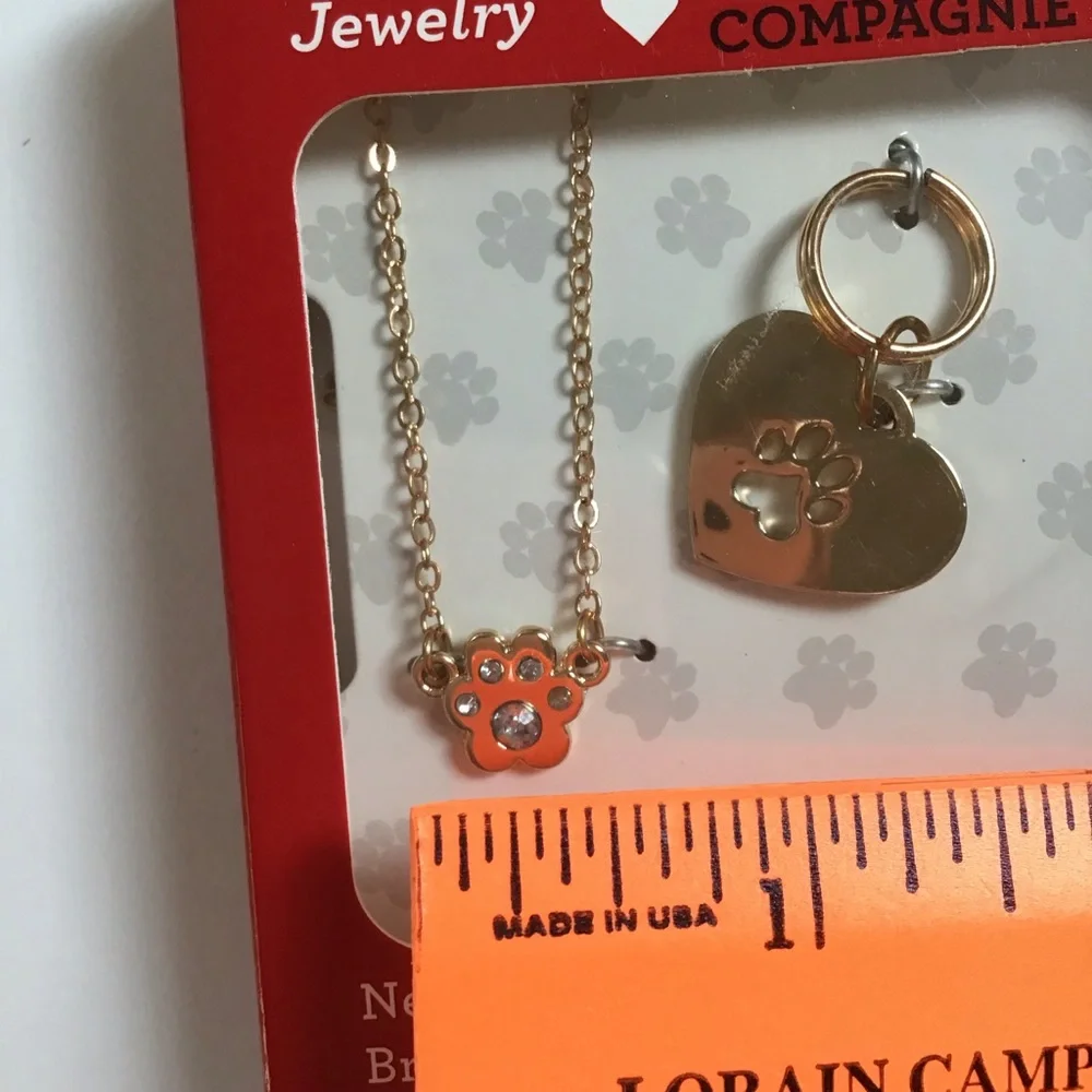 Pet & Me Gold Pawprint‎ Necklace & Collar Charm Set NWT